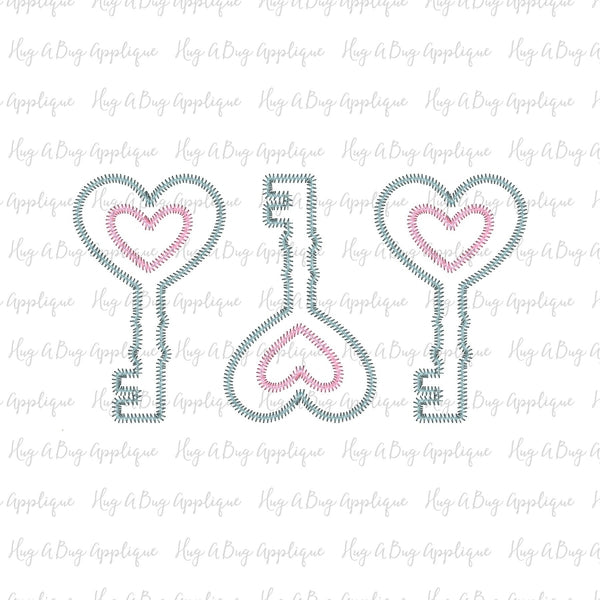 Heart Keys Trio Zig Zag Stitch Applique Design, Applique