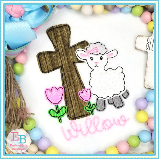 Lamb Cross Tulips Bow Bean Stitch Applique, Applique
