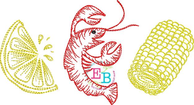Lemon Crawfish Corn Sketch Embroidery Design, Embroidery