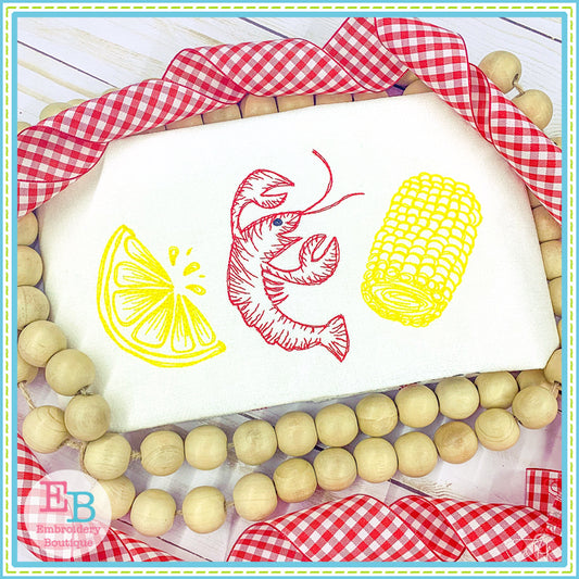 Lemon Crawfish Corn Sketch Embroidery Design, Embroidery