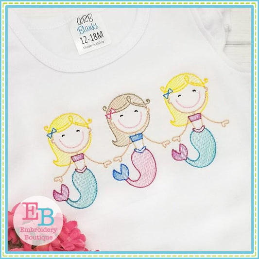 Mermaid Trio Sketch Design, Embroidery