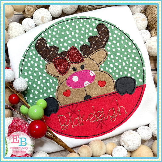 Moose Girl Circle Bean Stitch Applique, Applique