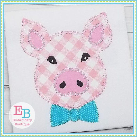 Pig Bow Tie Blanket Stitch Applique, Applique