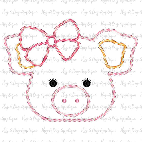 Pig Bow Zig Zag Stitch Applique Design, Applique