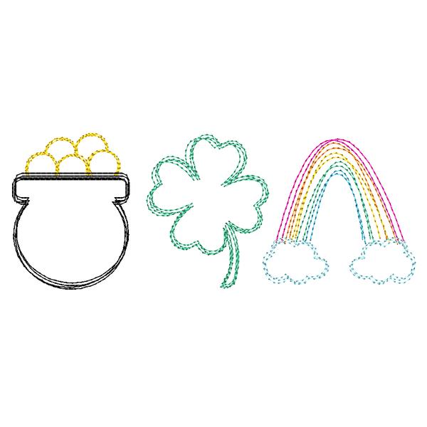 Pot Shamrock Rainbow Trio Scribble Sketch Embroidery Design, Embroidery