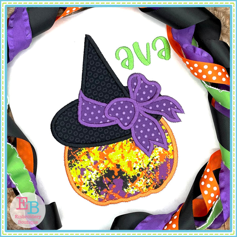 Pumpkin Witch Hat Bow Satin Stitch Applique, Applique