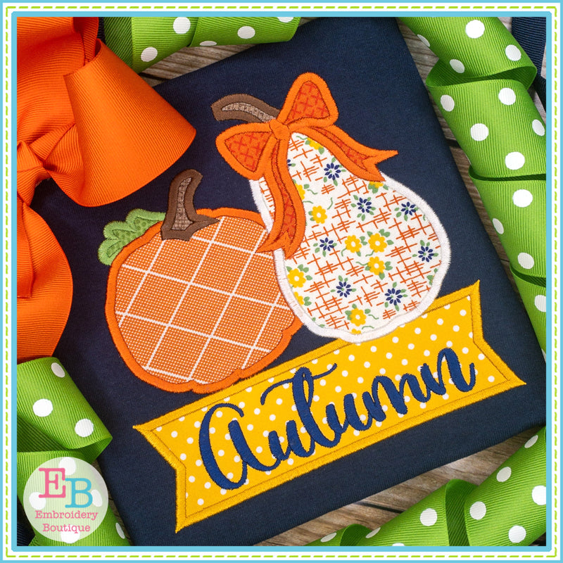 Pumpkin Banner Bow Satin Stitch Applique, Applique