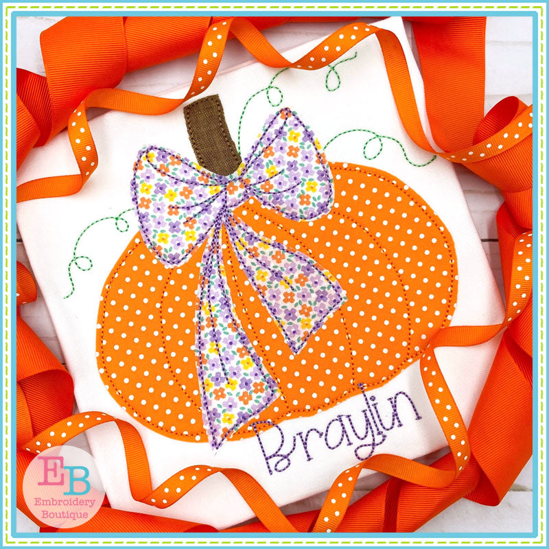 Pumpkin Bow Vine Bean Stitch Applique, Applique