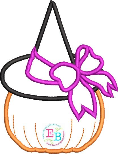 Pumpkin Witch Hat Bow Satin Stitch Applique, Applique