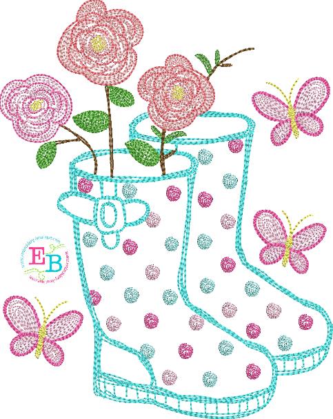 Rainboots 2 Flowers Watercolor Embroidery Design, Embroidery