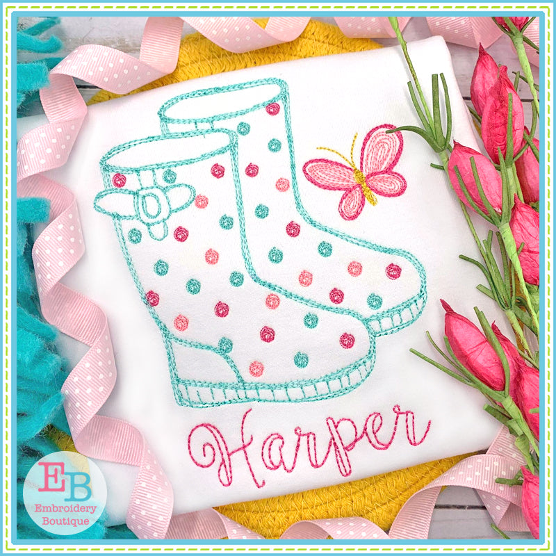 Rainboots Watercolor Embroidery Design, Embroidery