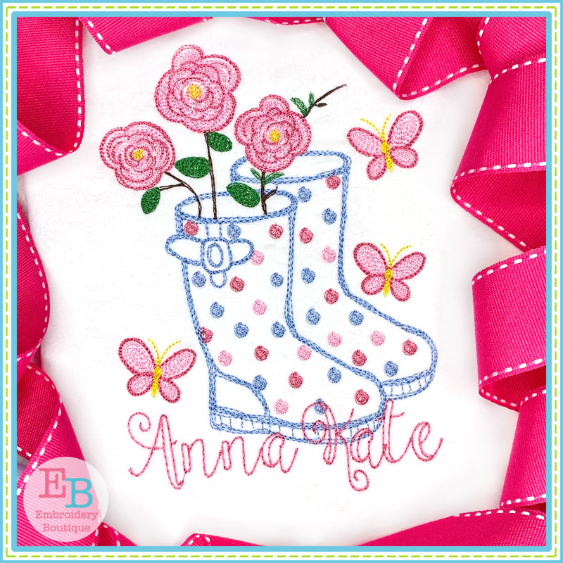 Rainboots 2 Flowers Watercolor Embroidery Design, Embroidery
