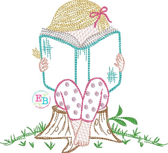 Reading Girl Watercolor Embroidery Design, Embroidery