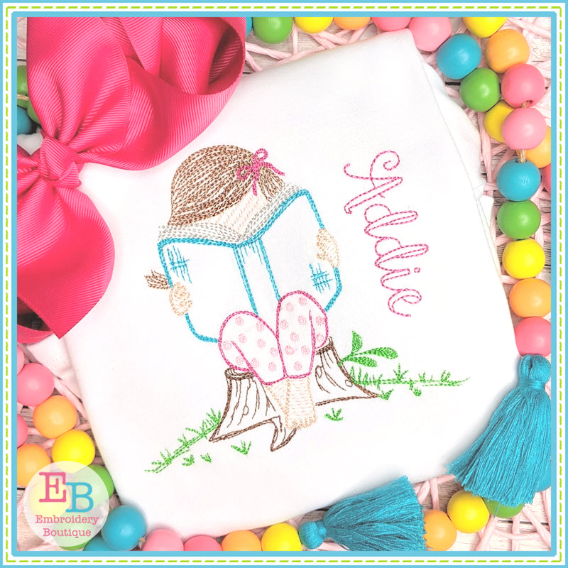 Reading Girl Watercolor Embroidery Design, Embroidery