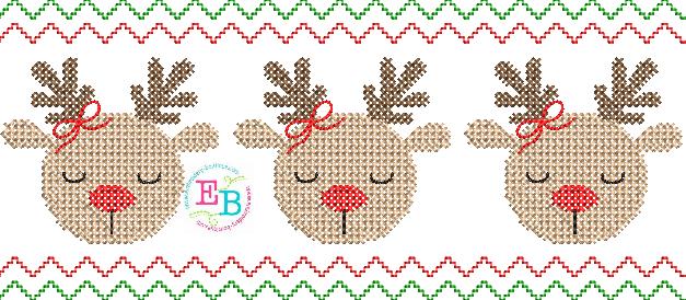 Reindeer Bow Cross Stitch Embroidery Design, Embroidery