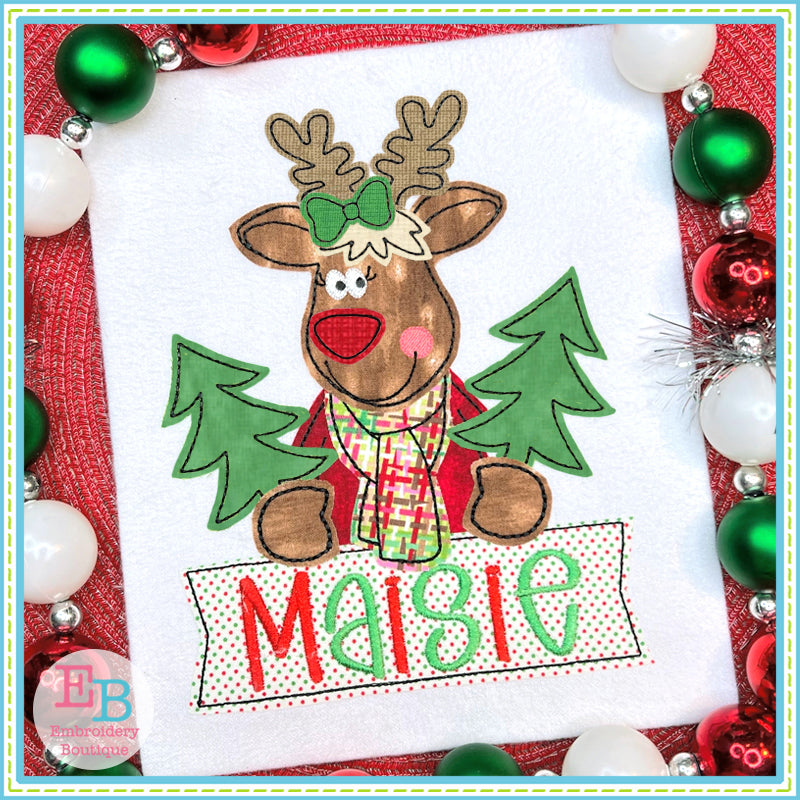 Reindeer Trees Bow Bean Stitch Applique, Applique