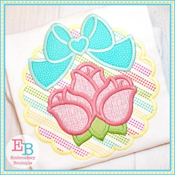 Scallop Rosebuds Big Bow Applique, Applique