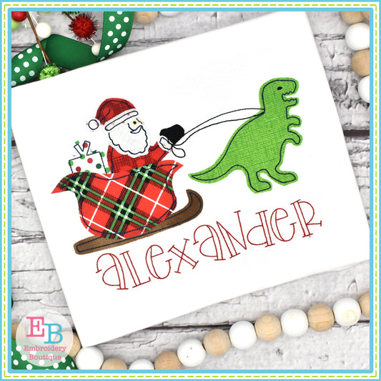 Santa T-Rex Sleigh Bean Stitch Applique, Applique