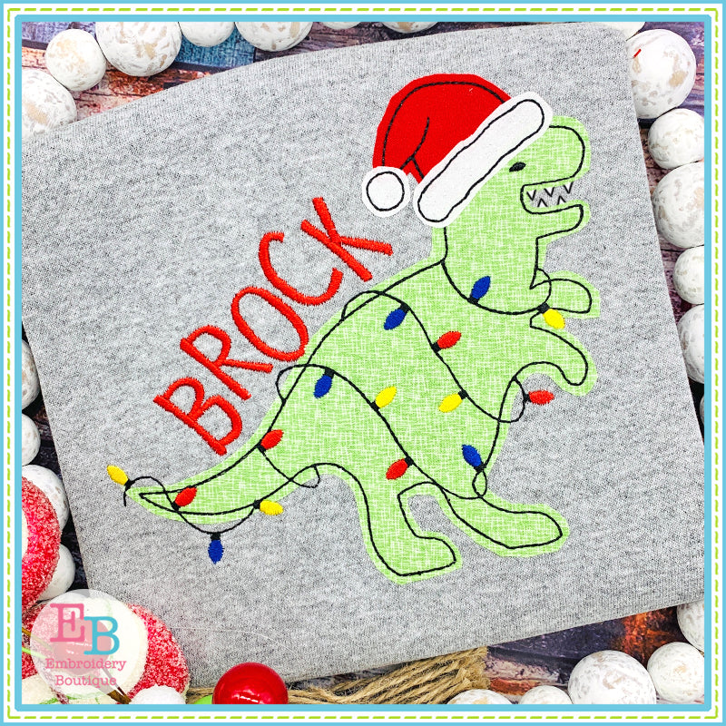 Santa T-Rex Lights Bean Stitch Applique, Applique