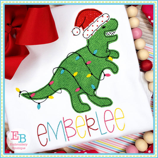 Santa T-Rex Lights Bean Stitch Applique, Applique