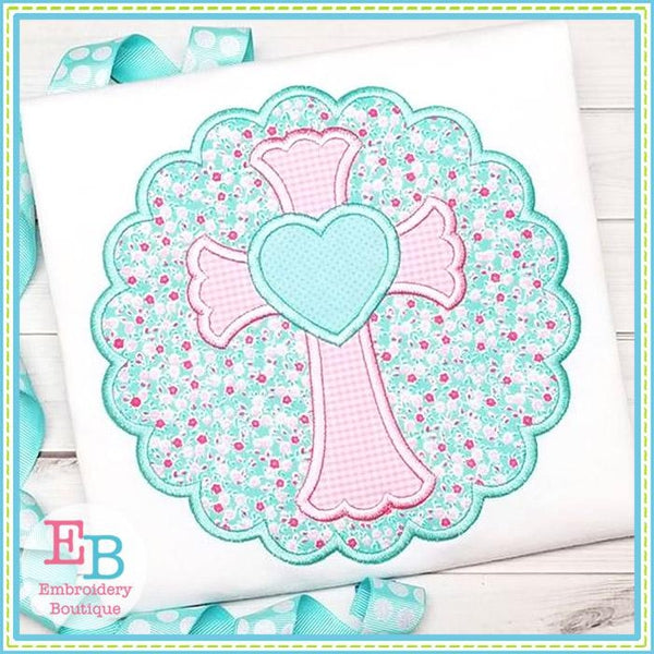 Scalloped Cross with Heart Satin Applique, Applique
