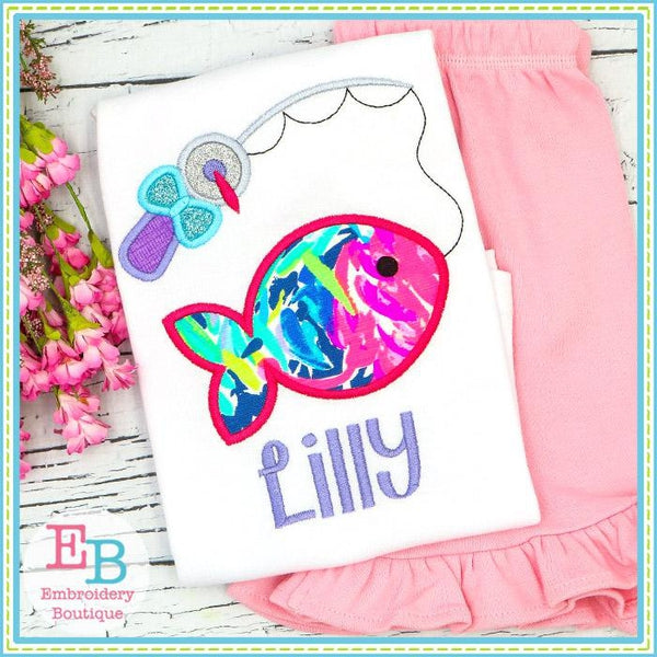 Fish on the Line with Bow Satin Applique, Applique