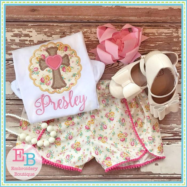 Scalloped Cross with Heart Satin Applique, Applique