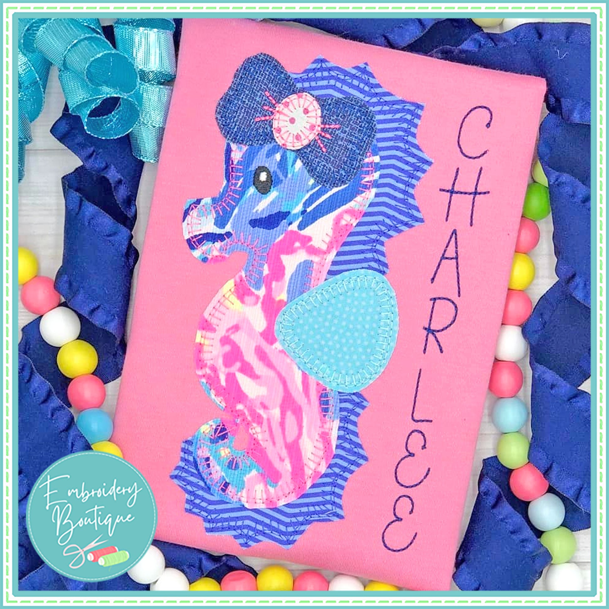 Seahorse Bow Blanket Stitch Applique, Applique, Embroidery Boutique