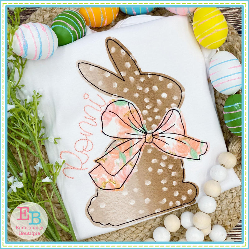 Simple Bunny Big Bow Bean Stitch Applique, Applique