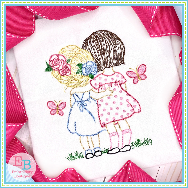 Sisters Butterflies Watercolor Embroidery Design, Embroidery