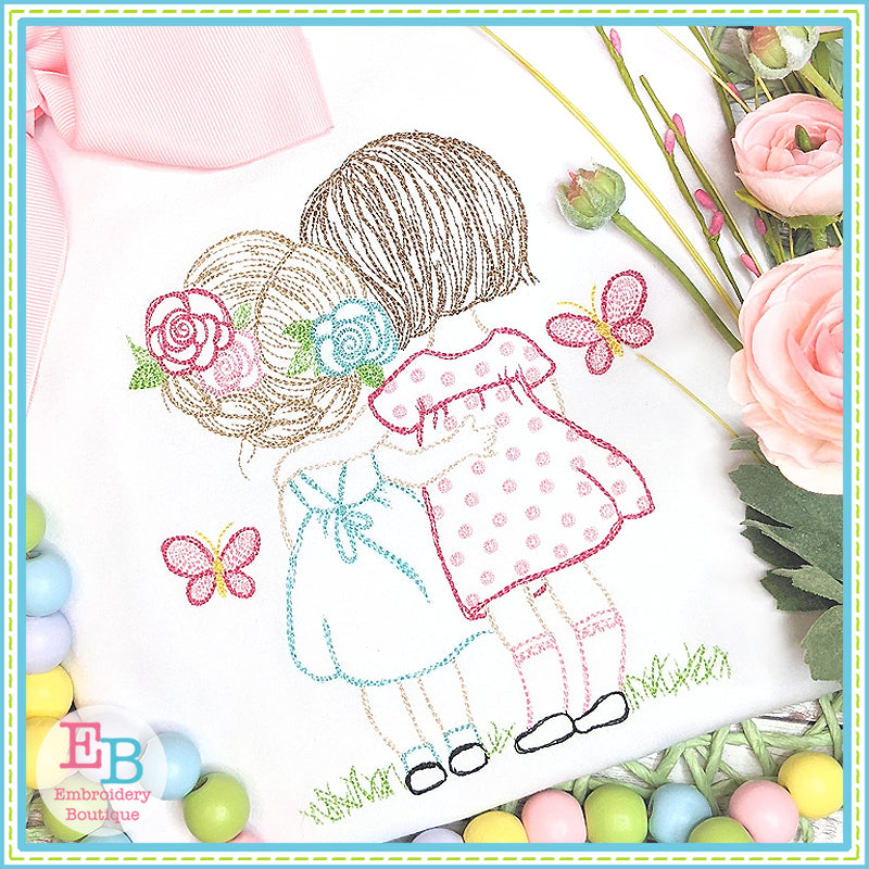 Sisters Butterflies Watercolor Embroidery Design, Embroidery