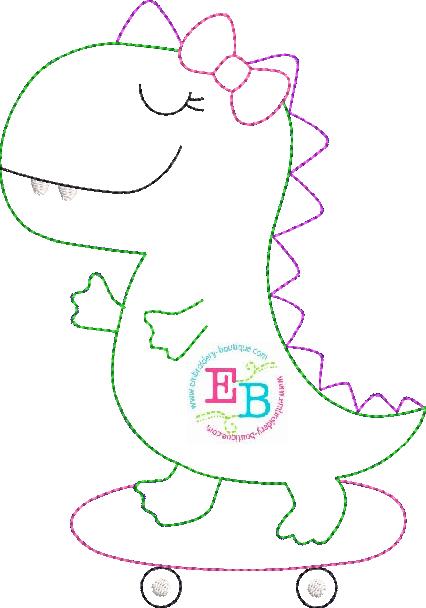 Skating Dino Girl Bean Stitch Applique, Applique