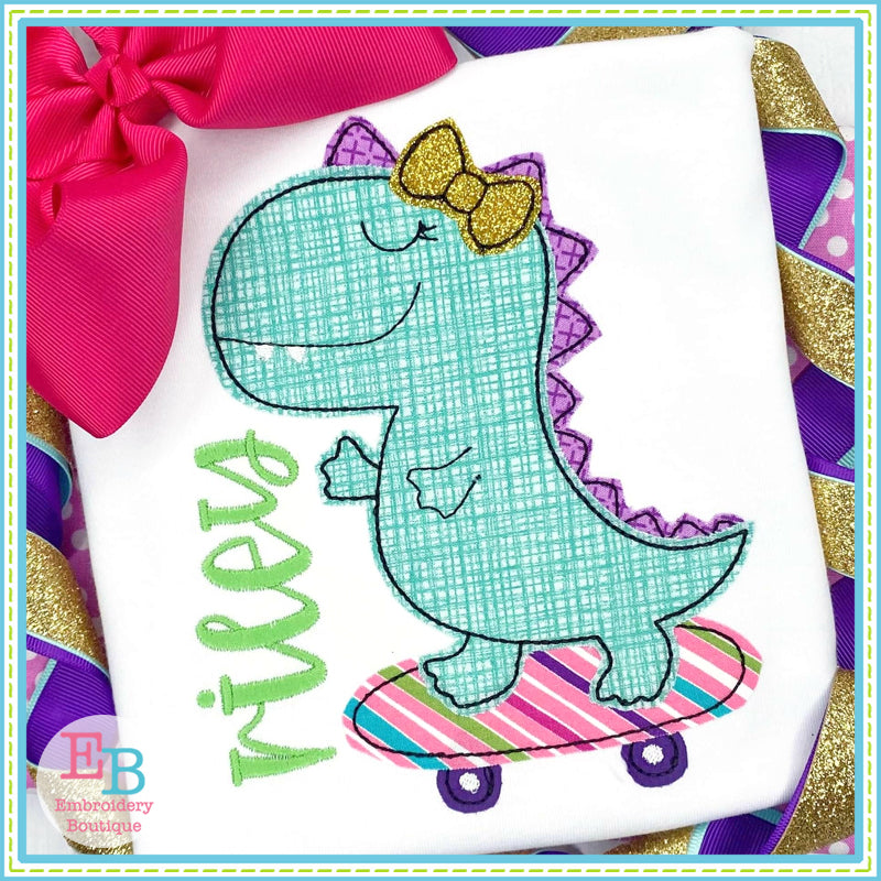 Skating Dino Girl Bean Stitch Applique, Applique