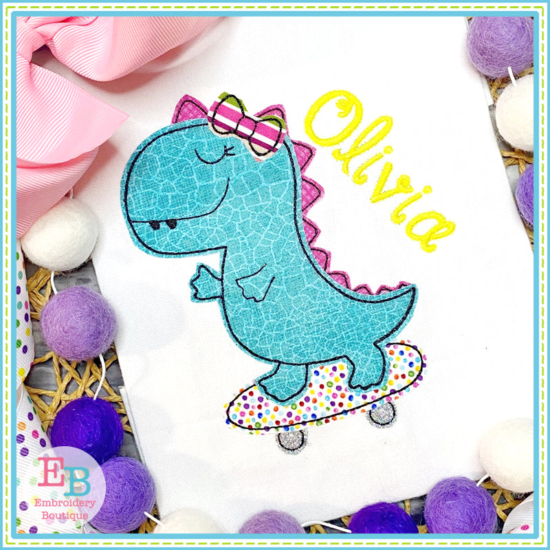 Skating Dino Girl Bean Stitch Applique, Applique