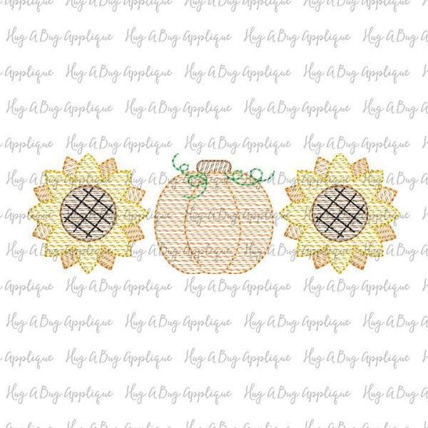 Sunflower Pumpkin Trio Sketch Stitch Embroidery Design, Embroidery