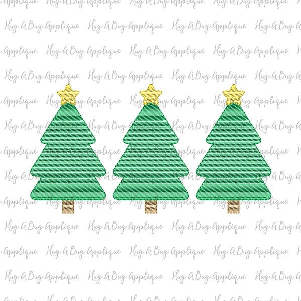Tree Star Trio Sketch Stitch Embroidery Design, Embroidery