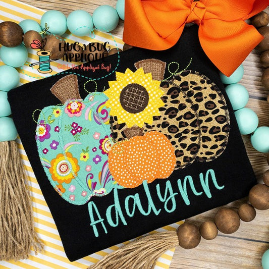 Trio Pumpkins Flower Zig Zag Stitch Applique Design, Applique