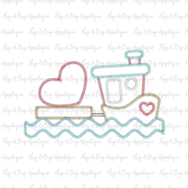 Tug Boat Heart Zig Zag Stitch Applique Design, Applique