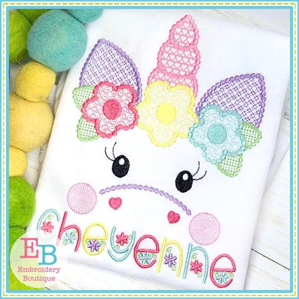 Unicorn Face Motif with Flowers Design, Embroidery