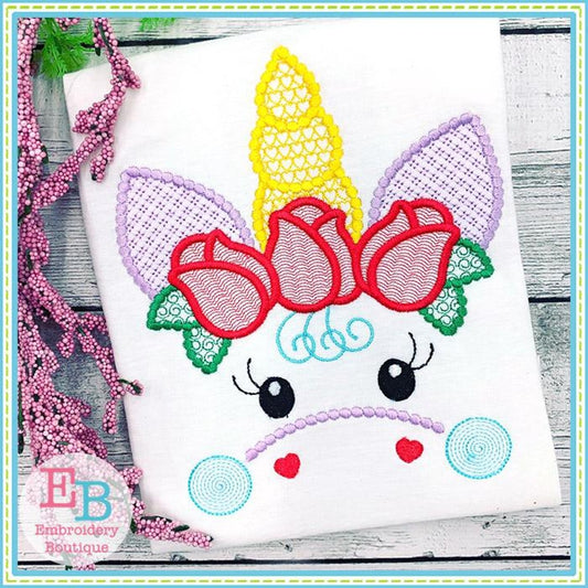 Unicorn Face Motif with Roses Design, Embroidery