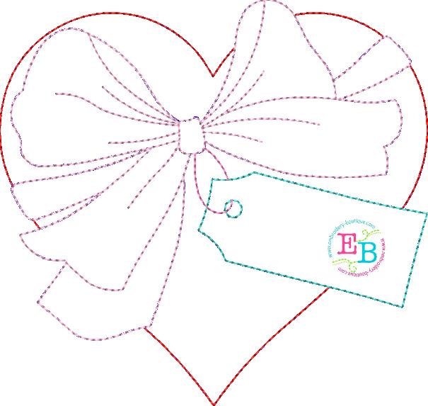 Valentine Heart Bow Tag Bean Stitch Applique, Applique