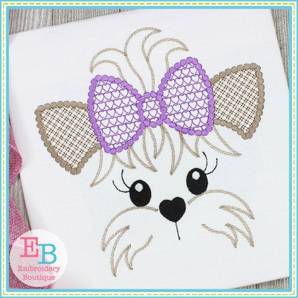 Yorkie Face Motif with Heart Bow Design, Embroidery