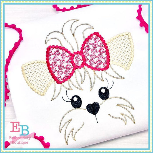 Yorkie Face Motif with Roses Bow Design, Embroidery