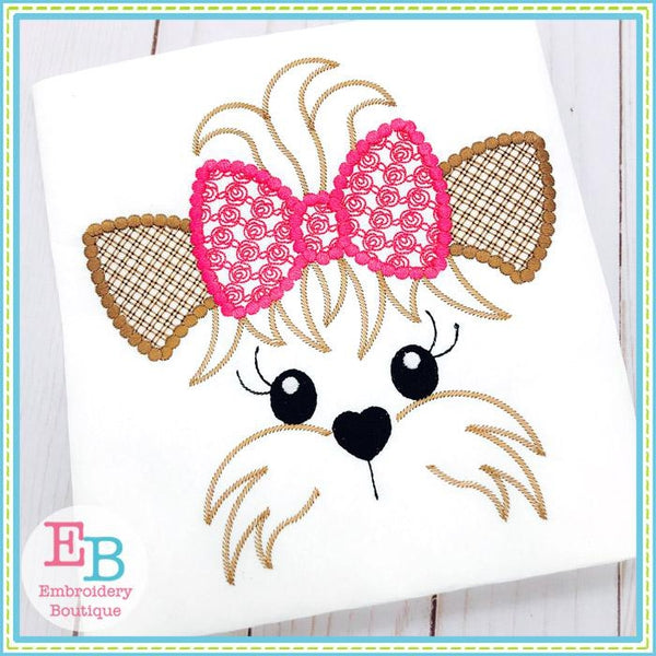 Yorkie Face Motif with Roses Bow Design, Embroidery